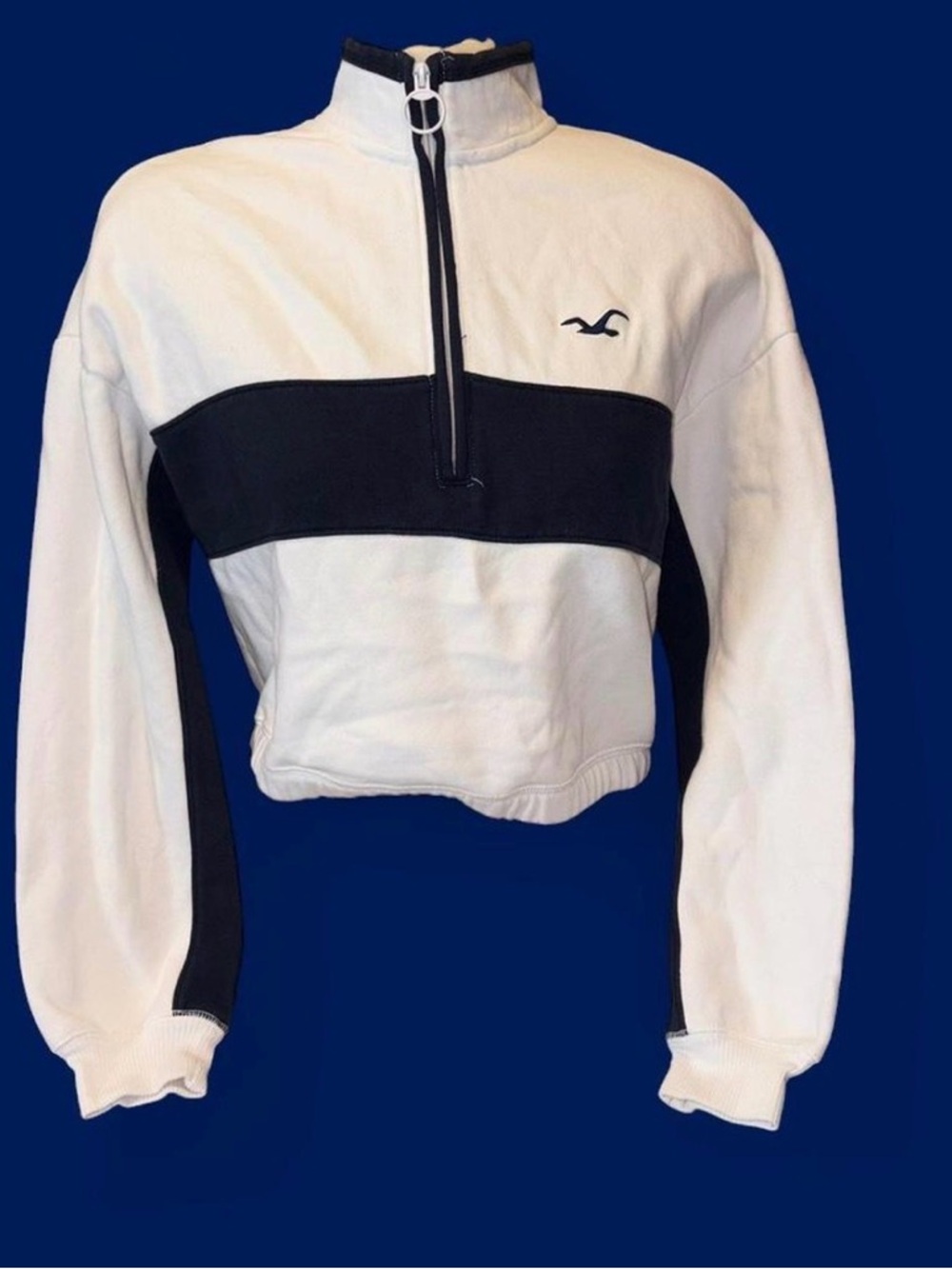 Hollister White and Black Cropped Half-Zip Pullover